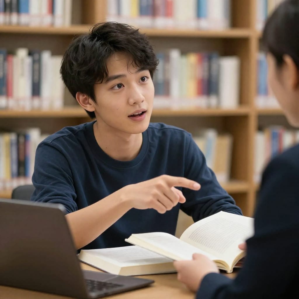 Student sharing a story with admissions officer in library