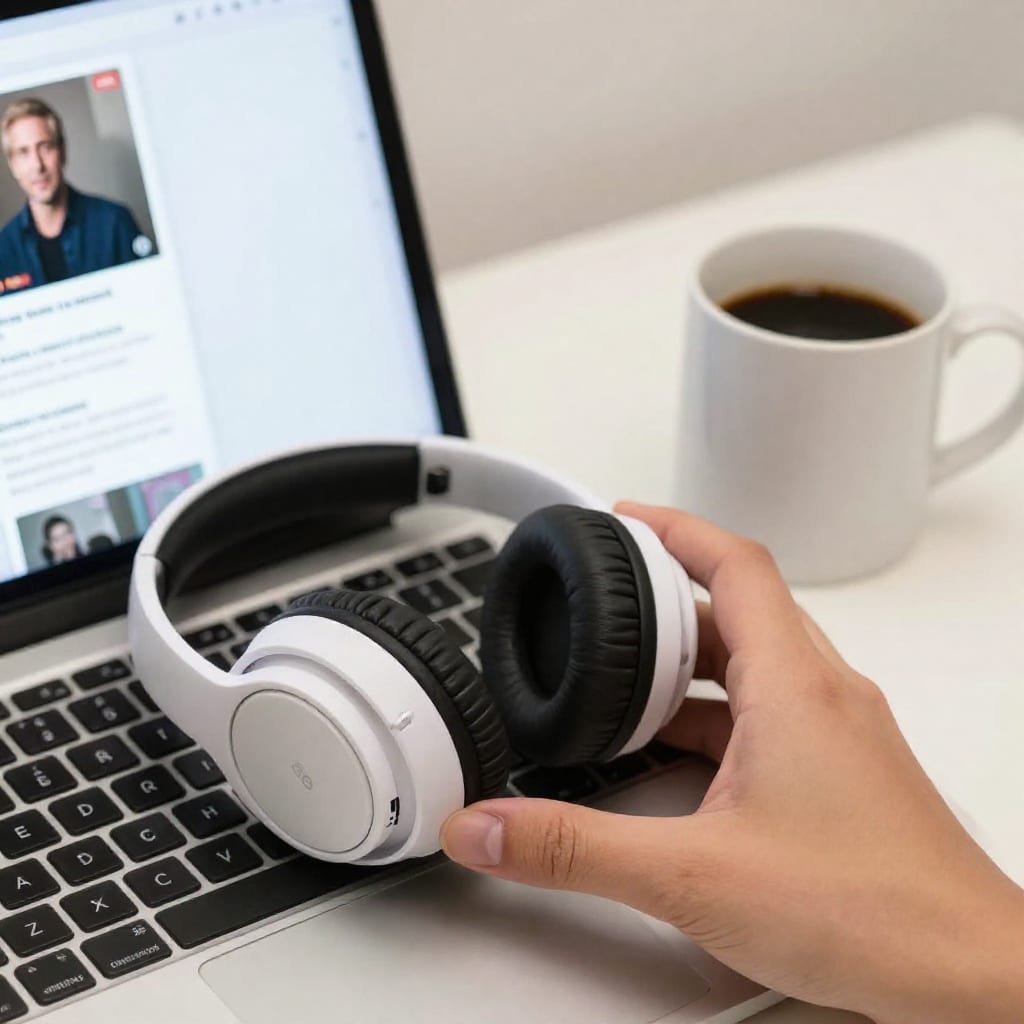 Headphones on laptop with podcast screen