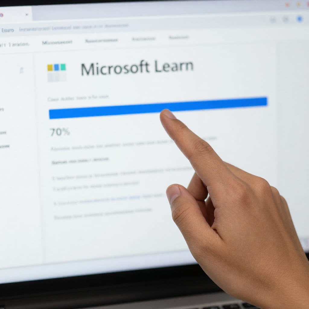 User on Microsoft Learn platform showing Azure dashboard and 70% progress bar