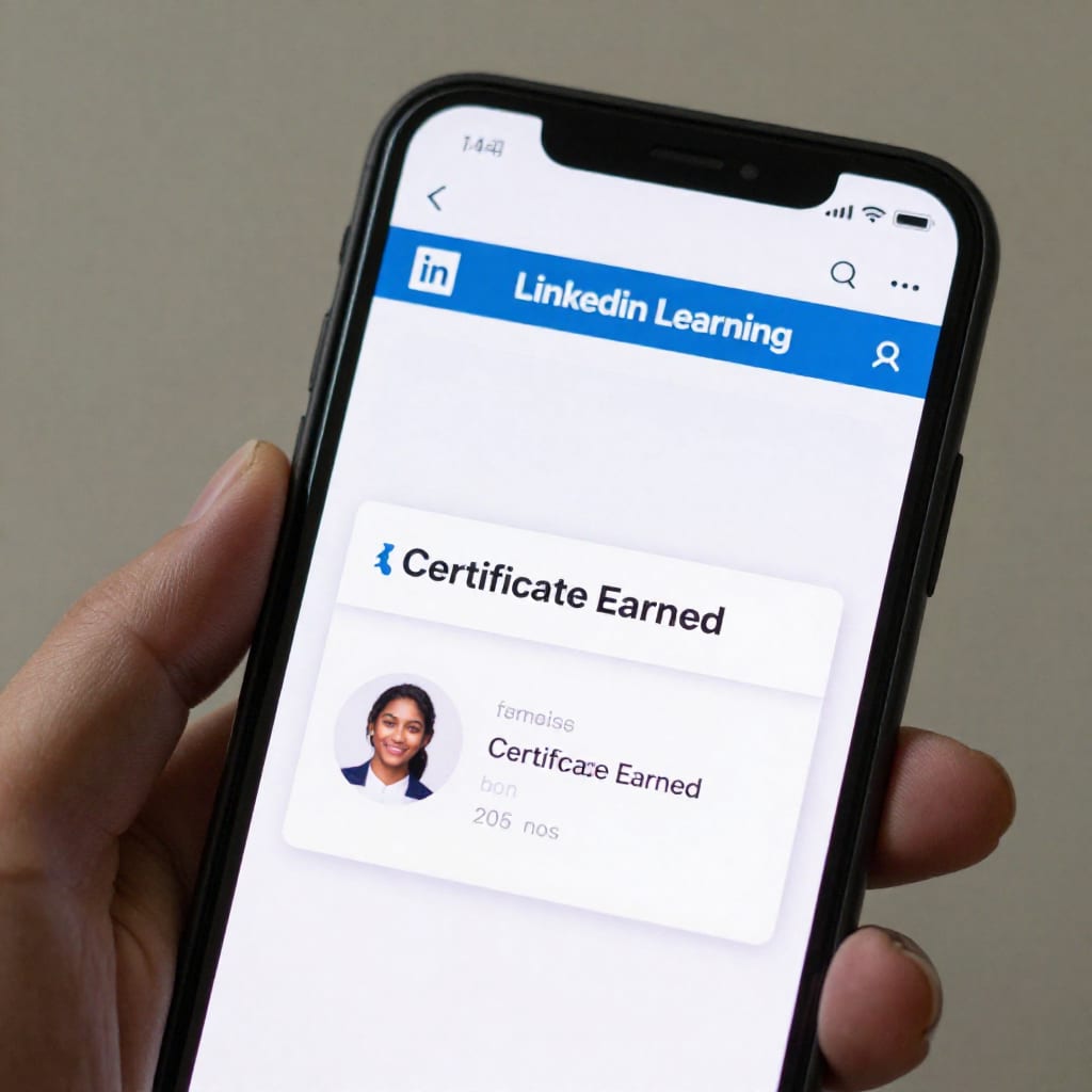 Smartphone showing LinkedIn Learning app with earned certificate notification badge