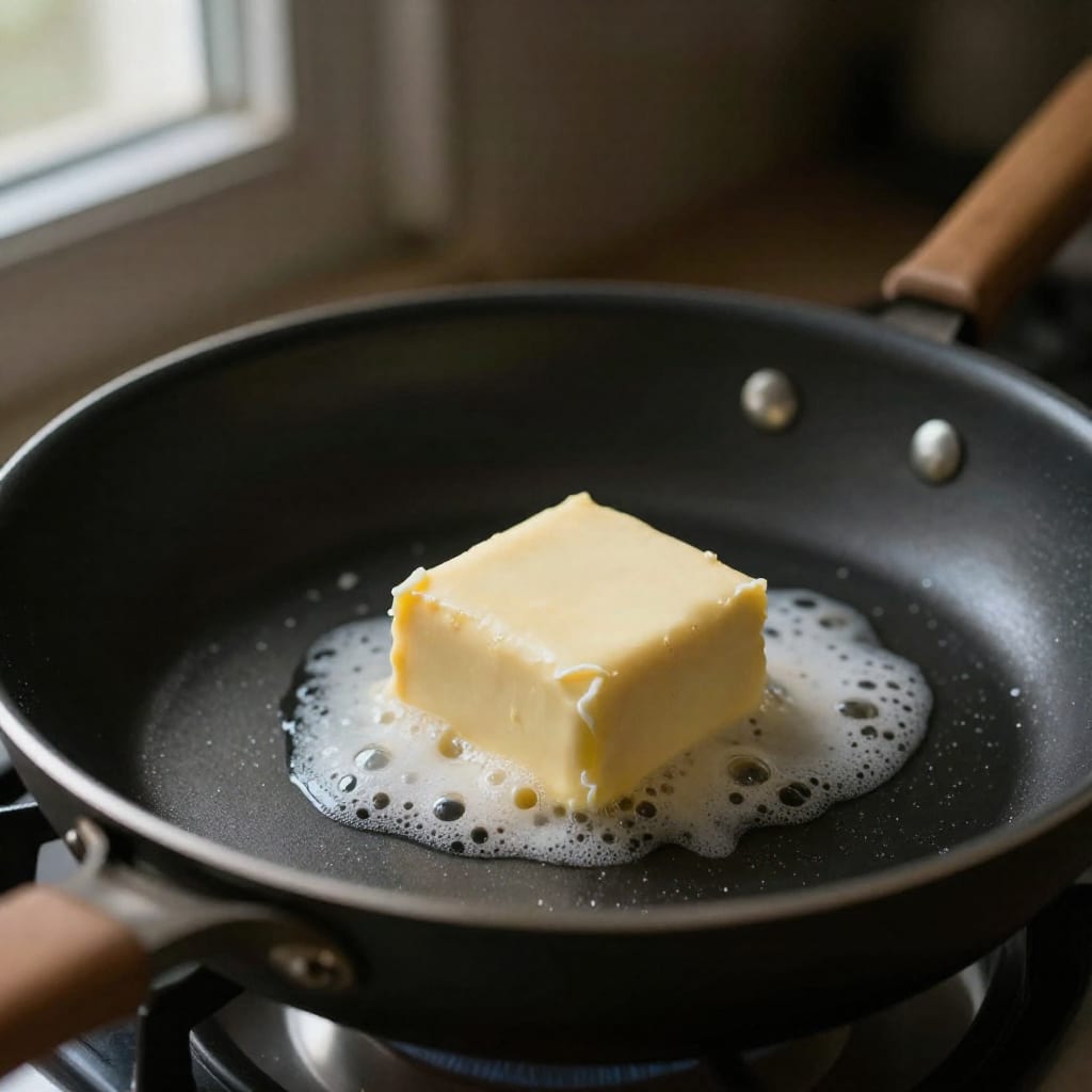 A close-up detail of a pat of butter melting and foaming in a black non-stick pan on a low flame, set on a cozy kitchen