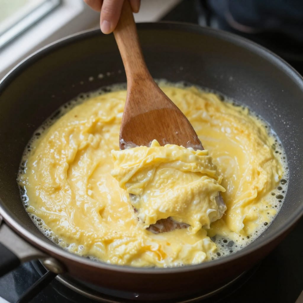 Close-up of a wooden spatula gently stirring soft, un-browned egg curds in a skillet, demonstrating the classic French