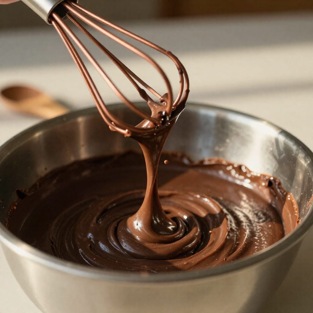 A copper whisk lifts a thick ribbon of dark chocolate mousse from a stainless steel bowl on a wooden table in warm afternoon