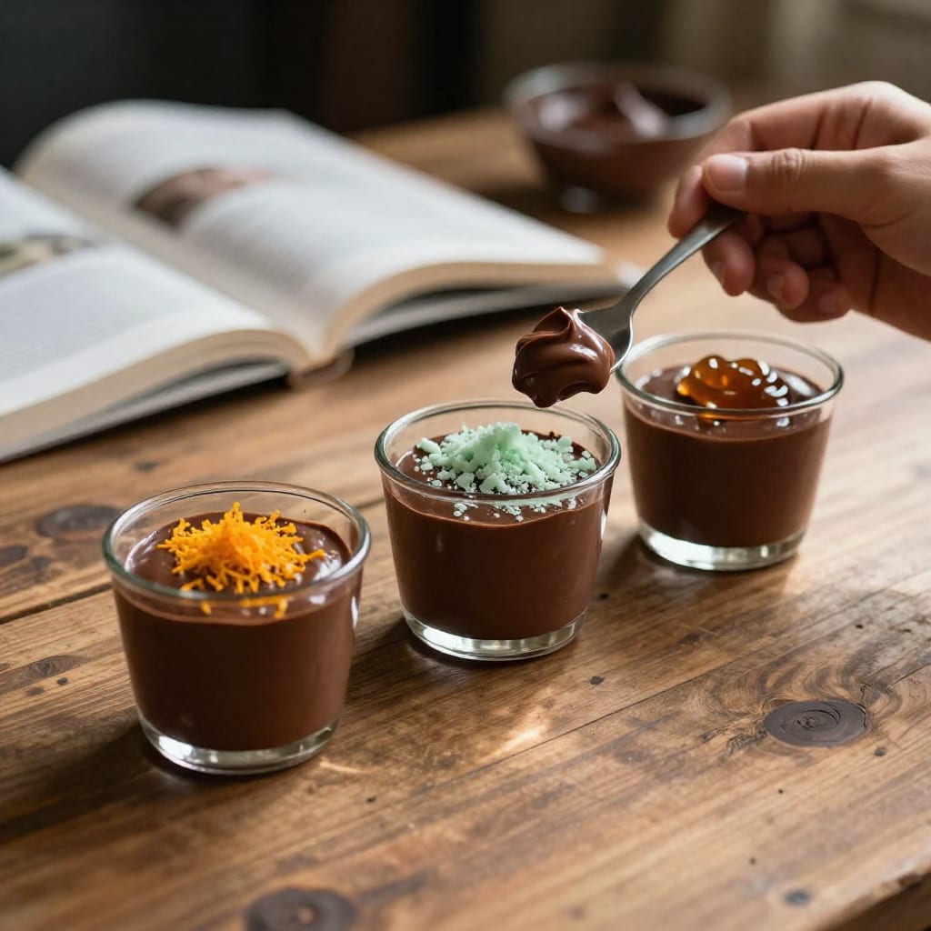 A close-up, three small glasses of homemade chocolate mousse with orange zest, crushed mint candy, and caramel toppings